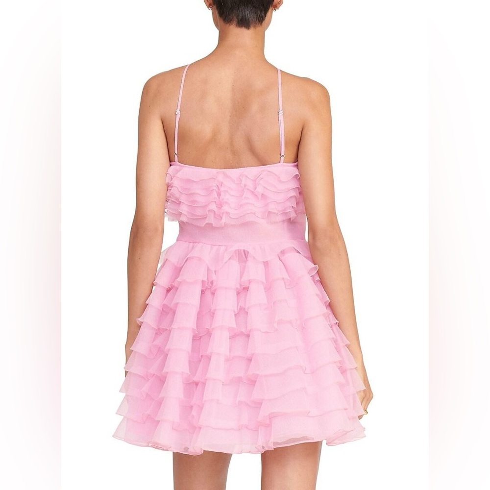$595 STAUD Florian Ruffle Tiered Halter Mini Dress 💗 - Picture 5 of 8